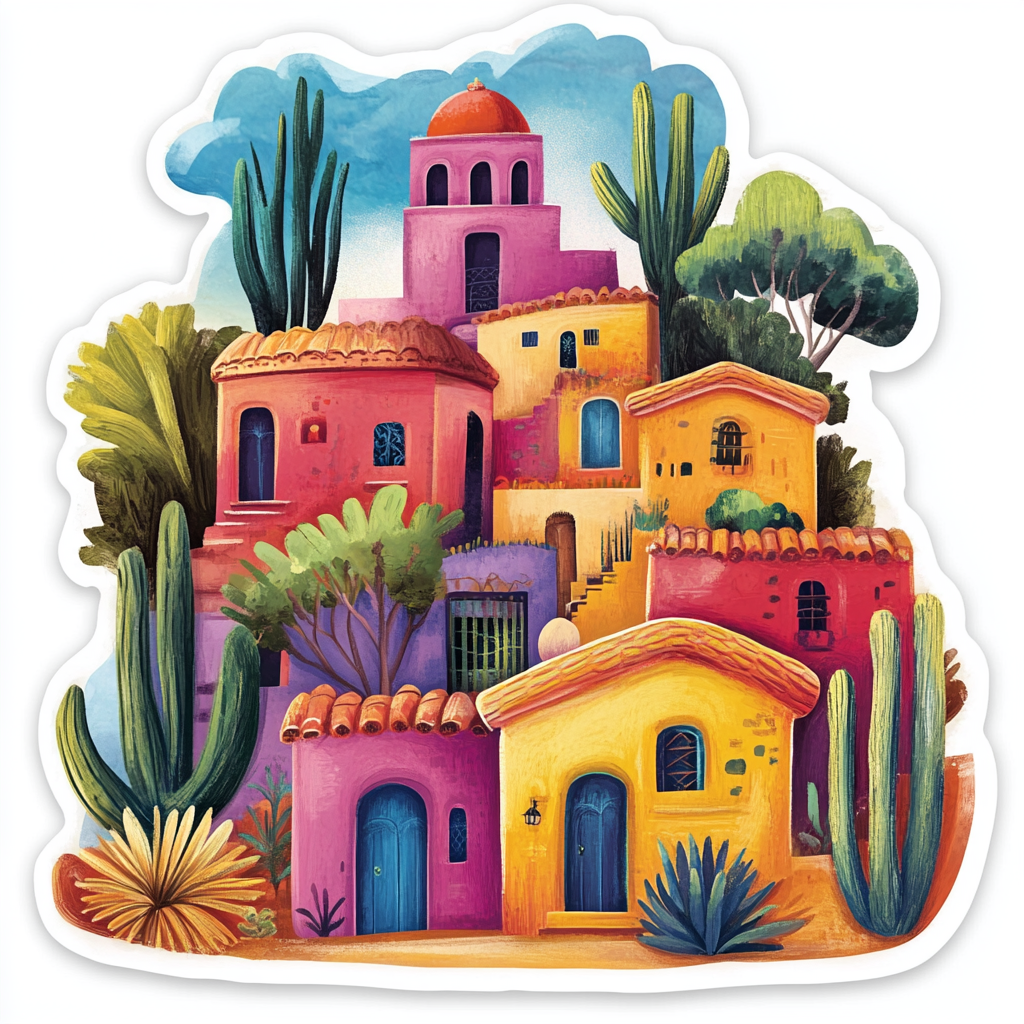 colorful image of houses on a hillside in Mexico